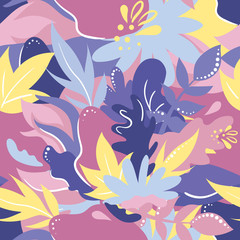 Fototapeta na wymiar Trendy seamless pattern with bright blue and pink leaves and shapes. Tropic plants in pastel colors. Modern abstract design for fabric, paper. Vector flat illustration 