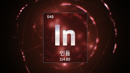 3D illustration of Indium as Element 49 of the Periodic Table. Red illuminated atom design background orbiting electrons name, atomic weight element number in Korean language