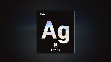 3D illustration of Silver as Element 47 of the Periodic Table. Grey illuminated atom design background orbiting electrons name, atomic weight element number in Korean language