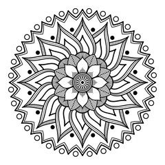 Flower-shaped mandala, black and white pattern. Islam, Arabic, Pakistan, Moroccan, Turkish, Indian, Spain motifs. Hand drawn background, can be used for coloring book, greeting card.