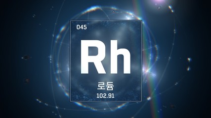 3D illustration of Rhodium as Element 45 of the Periodic Table. Blue illuminated atom design background orbiting electrons name, atomic weight element number in Korean language