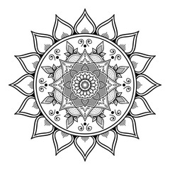 Flower-shaped mandala, black and white pattern. Islam, Arabic, Pakistan, Moroccan, Turkish, Indian, Spain motifs. Hand drawn background, can be used for coloring book, greeting card.