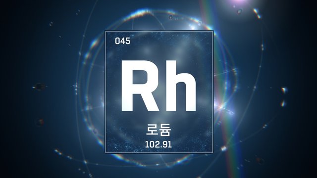 3D illustration of Rhodium as Element 45 of the Periodic Table. Blue illuminated atom design background orbiting electrons name, atomic weight element number in Korean language