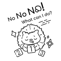 Helpless hedgehog with number cards cartoon linear vector character. Cute animal with No what can i do lettering. Kids coloring book illustration and funny phrase. Childish printable card template