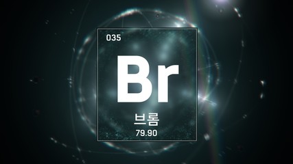 3D illustration of Bromine as Element 35 of the Periodic Table. Green illuminated atom design background orbiting electrons name, atomic weight element number in Korean language