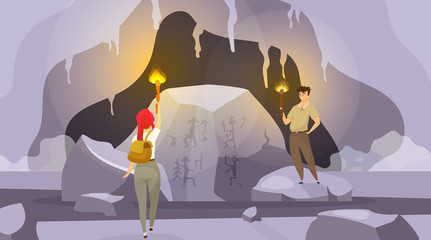 Expedition into caves flat vector illustration. Man and woman exploring inside mountain with torches. Female find mural painting. Male observing wall pictures. Tourists cartoon characters © IMGvisualsCharacters