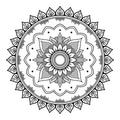 Flower-shaped mandala, black and white pattern. Islam, Arabic, Pakistan, Moroccan, Turkish, Indian, Spain motifs. Hand drawn background, can be used for coloring book, greeting card.