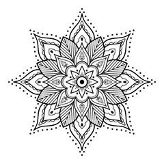 Flower-shaped mandala, black and white pattern. Islam, Arabic, Pakistan, Moroccan, Turkish, Indian, Spain motifs. Hand drawn background, can be used for coloring book, greeting card.