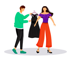 Fashion designer work flat color vector illustration. Dressing up famous people. Choosing outfit for catwalk. Preparing model for runway isolated cartoon character on white background