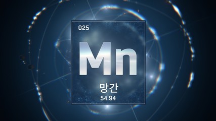 3D illustration of Manganese as Element 25 of the Periodic Table. Blue illuminated atom design background orbiting electrons name, atomic weight element number in Korean language