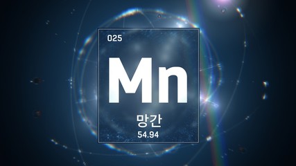 3D illustration of Manganese as Element 25 of the Periodic Table. Blue illuminated atom design background orbiting electrons name, atomic weight element number in Korean language