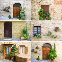 Fototapeta na wymiar collage with pictures with typical old facades in Tuscany