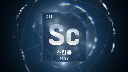 3D illustration of Scandium as Element 21 of the Periodic Table. Blue illuminated atom design background orbiting electrons name, atomic weight element number in Korean language