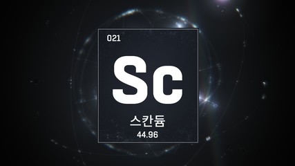 3D illustration of Scandium as Element 21 of the Periodic Table. Silver illuminated atom design background orbiting electrons name, atomic weight element number in Korean language