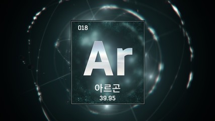 3D illustration of Argon as Element 18 of the Periodic Table. Green illuminated atom design background orbiting electrons name, atomic weight element number in Korean language