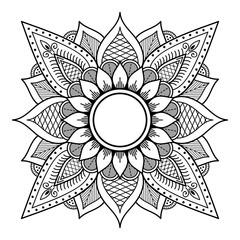 Flower-shaped mandala, black and white pattern. Islam, Arabic, Pakistan, Moroccan, Turkish, Indian, Spain motifs. Hand drawn background, can be used for coloring book, greeting card.