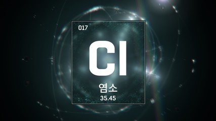 3D illustration of Chlorine as Element 17 of the Periodic Table. Green illuminated atom design background with orbiting electrons. Design shows name, atomic weight and element number