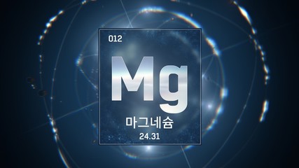 3D illustration of Magnesium as Element 12 of the Periodic Table. Blue illuminated atom design background orbiting electrons name, atomic weight element number in Korean language