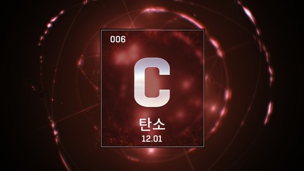 3D illustration of Carbon as Element 6 of the Periodic Table. Red illuminated atom design background orbiting electrons name, atomic weight element number in Korean language