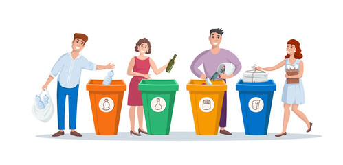Vector colorful illustration with set of standing people putting rubbish in trash bins, dumpsters, containers. Illustration on the theme of garbage sorting, technology, ecology. Cartoon flat character