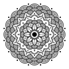 Flower-shaped mandala, black and white pattern. Islam, Arabic, Pakistan, Moroccan, Turkish, Indian, Spain motifs. Hand drawn background, can be used for coloring book, greeting card.