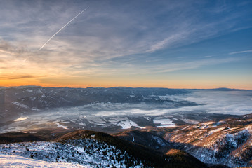 Winter inversion in mountains during sunrise, Little Fatra, Slovakia