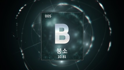 3D illustration of Boron as Element 5 of the Periodic Table. Green illuminated atom design background orbiting electrons name, atomic weight element number in Korean language