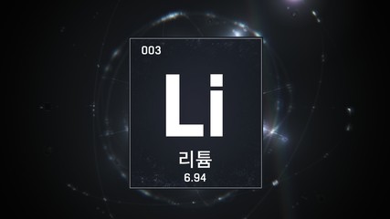 3D illustration of Lithium as Element 3 of the Periodic Table. Silver illuminated atom design background orbiting electrons name, atomic weight element number in Korean language