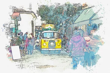  Watercolor sketch of an old-fashioned or retro car driving on a city street © franz12