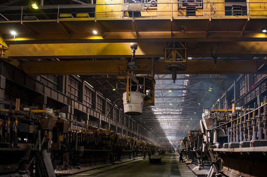 Aluminum plant. aluminum smelting bucket. Safe environmental high-tech processes. Modern smelter. Melting furnace