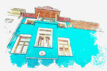 Watercolor sketch of old-fashioned residential building in the Balat district of Istanbul