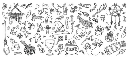 Witchcraft. Wicca and pagan tradition. Magical items. Hand drawn elements: witch's broom, magic wand, dreamcatcher, candles, mortar, elixirs, etc. Occult Symbols. Stock illustration.
