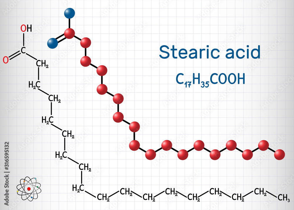 Sticker stearic acid, octadecanoic, saturated fatty acid molecule. structural chemical formula and molecule 