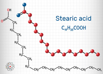 Stearic acid,  octadecanoic, saturated fatty acid molecule. Structural chemical formula and molecule model. Sheet of paper in a cage