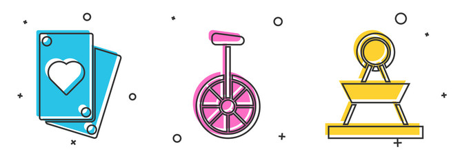 Set Playing card, Unicycle or one wheel bicycle and Attraction carousel icon. Vector © Oksana
