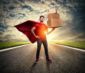 Courier acts like a powerful superhero in a street. Concept of success and guarantee on shipment - obrazy, fototapety, plakaty