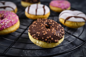 Tasty baked donut with brown chocolate glazing and sprinkles on cake grid with other colorful donuts in background