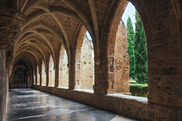 Fototapeta na wymiar Covered bypass gallery of the church of the Мonastery De Piedra in Aragon.