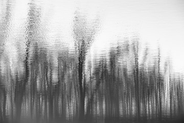 Abstract blurry dark water reflection of the bare trees in a forest in black and white - 316596574