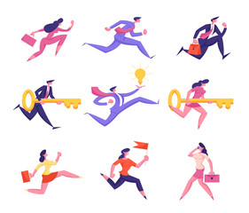 Set of Business People Characters Running to Success. Successful Businesswoman Businessman Leaders Run to Finishing Line in Marathon Challenge. Work Leadership Concept Cartoon Flat Vector Illustration