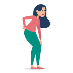 Woman feel pain in the back vector isolated. Young female
