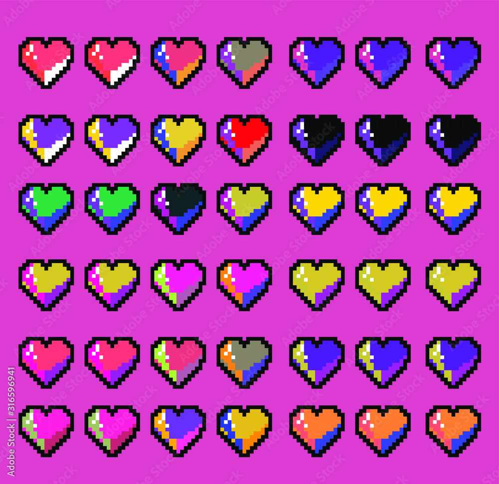 Poster pattern made of pixelated hearts like in old 8-bit arcade video game. vaporwave and retrowave style 