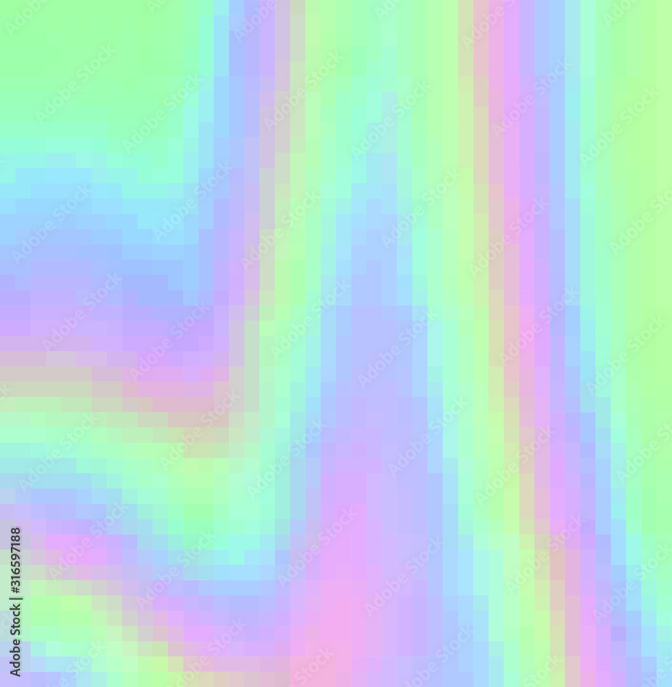 Poster holographic background with rainbow stains made in pixel art technique.
