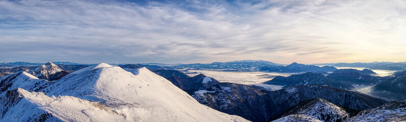 Beautiful winter panorama in Winter Mountains. Landscape with spruce trees  in Mountains , blue sky . Slovakia Mala Fatra