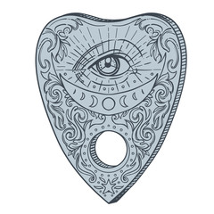 Heart-shaped planchette for spirit talking board. Vector isolated illustration in Victorian style. Mediumship divination equipment. flash tattoo drawing. Alchemy, religion, spirituality, occultism.