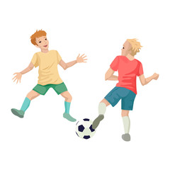 Two football players playing with the ball. Vector illustration of characters.
