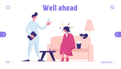 Doctor Visiting Sick Patient at Home Website Landing Page. Unhappy Weak Woman with Thermometer in Mouth Sitting on Couch Need Take Pills for Recovery Web Page Banner. Cartoon Flat Vector Illustration