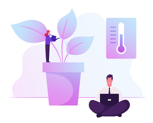 Green Office Concept. Business People Working in Modern Eco-friendly Area. Woman Watering Potted Plants and Flowers. Biophilic Design Room, Eco Friendly Workspace Cartoon Flat Vector Illustration
