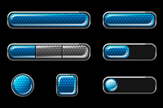 Set Of Blue Glossy Buttons For User Interface.