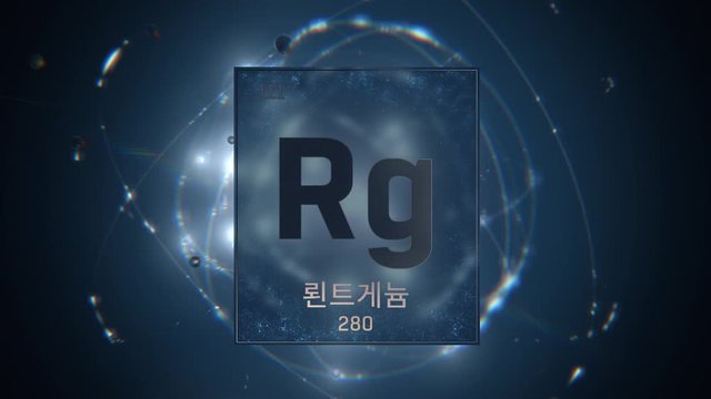 Roentgenium as Element 111 of the Periodic Table. Seamlessly looping 3D animation on blue illuminated atom design background orbiting electrons name, atomic weight element number in Korean language